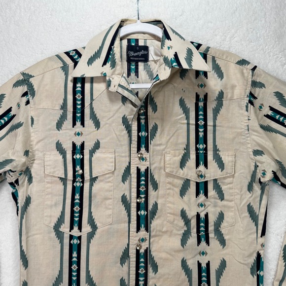 Wrangler Other - Wrangler Mens Aztec Western Snap Shirt Small Teal Tan Geometric Long Sleeve